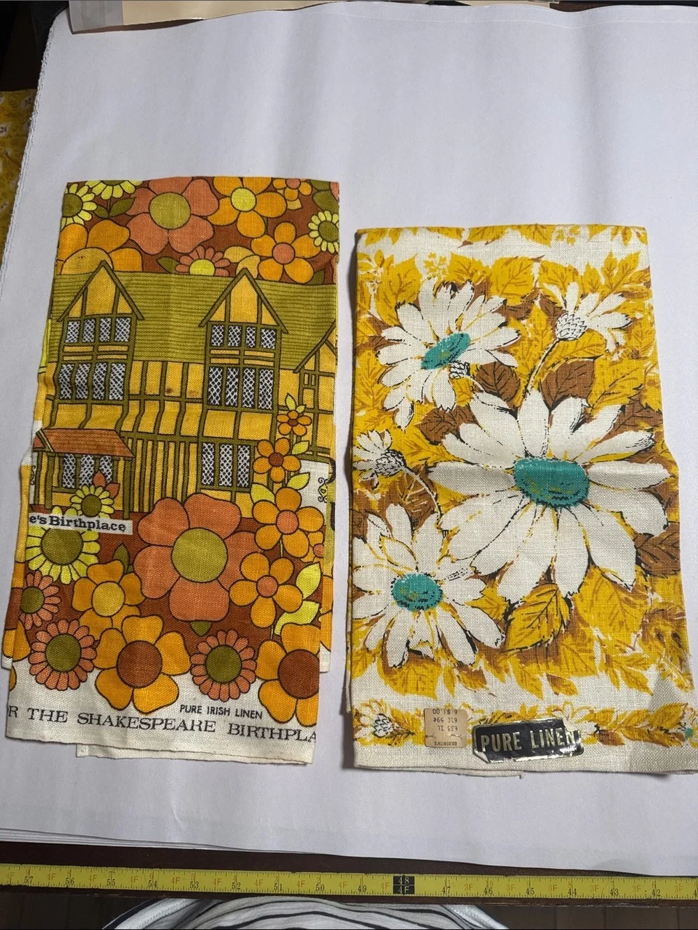 Pair of Vintage Floral & Shakespeare Tudor Linen Tea Towels 1960s 1970s Retro